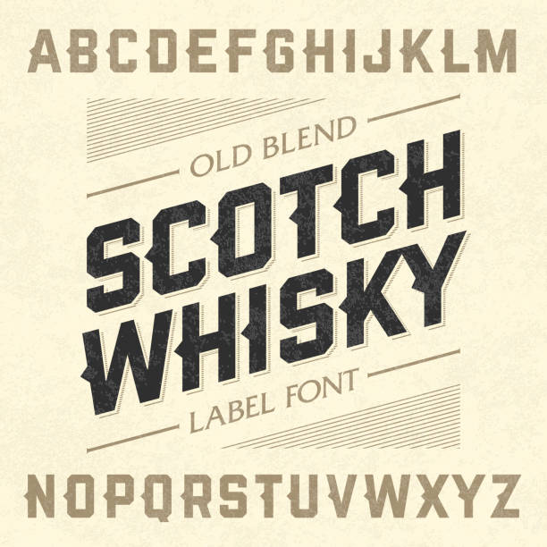 Scotch whiskey style label font with sample design Ideal for any design in vintage style. Vector illustration with transparent effect. Eps10. scotch whiskey illustrations stock illustrations