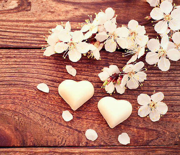 istock Flowering branch with white delicate flowers on wooden surface 486862577