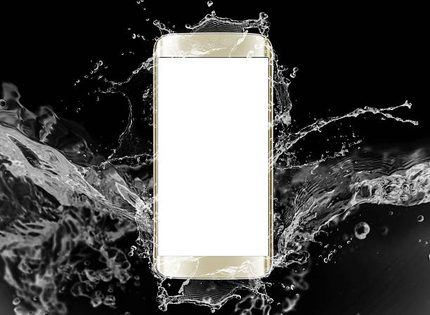 istock Isolated gold color smart phone with water effect 486862584