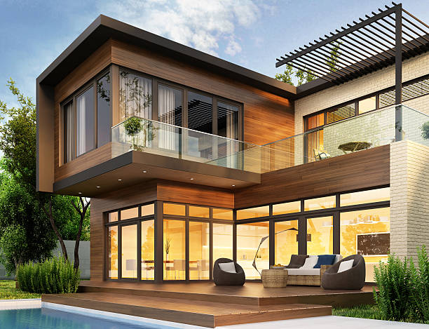 istock Beautiful modern house with garden 486863284