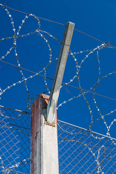 istock Prison concrete pillar and barbed wire fence 486863318