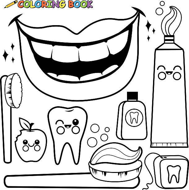 ilustrações de stock, clip art, desenhos animados e ícones de coloração página higiene dentária vector set - dental floss brushing teeth dental hygiene dental equipment