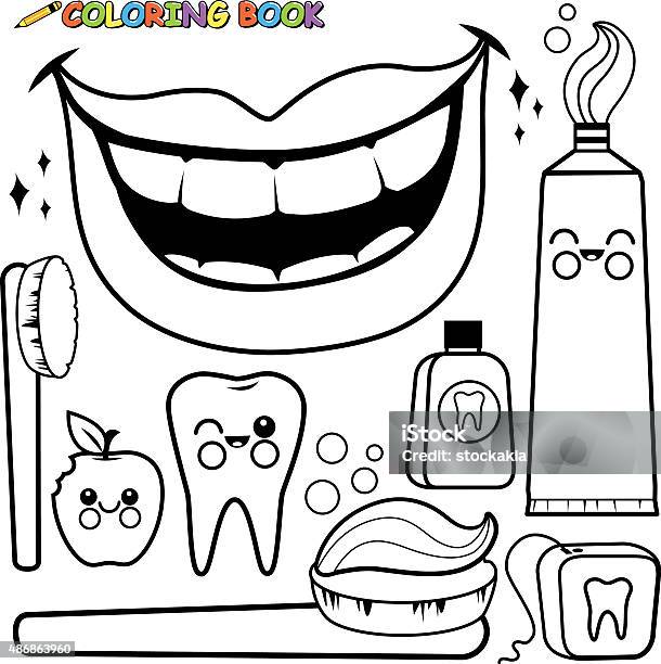 Coloring Page Dental Hygiene Vector Set Stock Illustration - Download Image Now - Brushing Teeth, Coloring, Coloring Book Page - Illlustration Technique