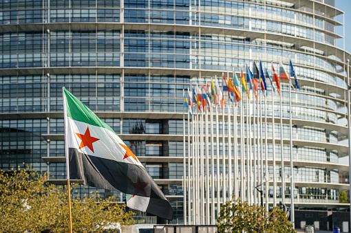 Strasbourg, France - August 20, 2015: People protesting in front of European Parliament denouncing the Syrian airstrikes on a Damascus suburb of Douma which killed more than 80 people - All European Union flags and Syrian flag