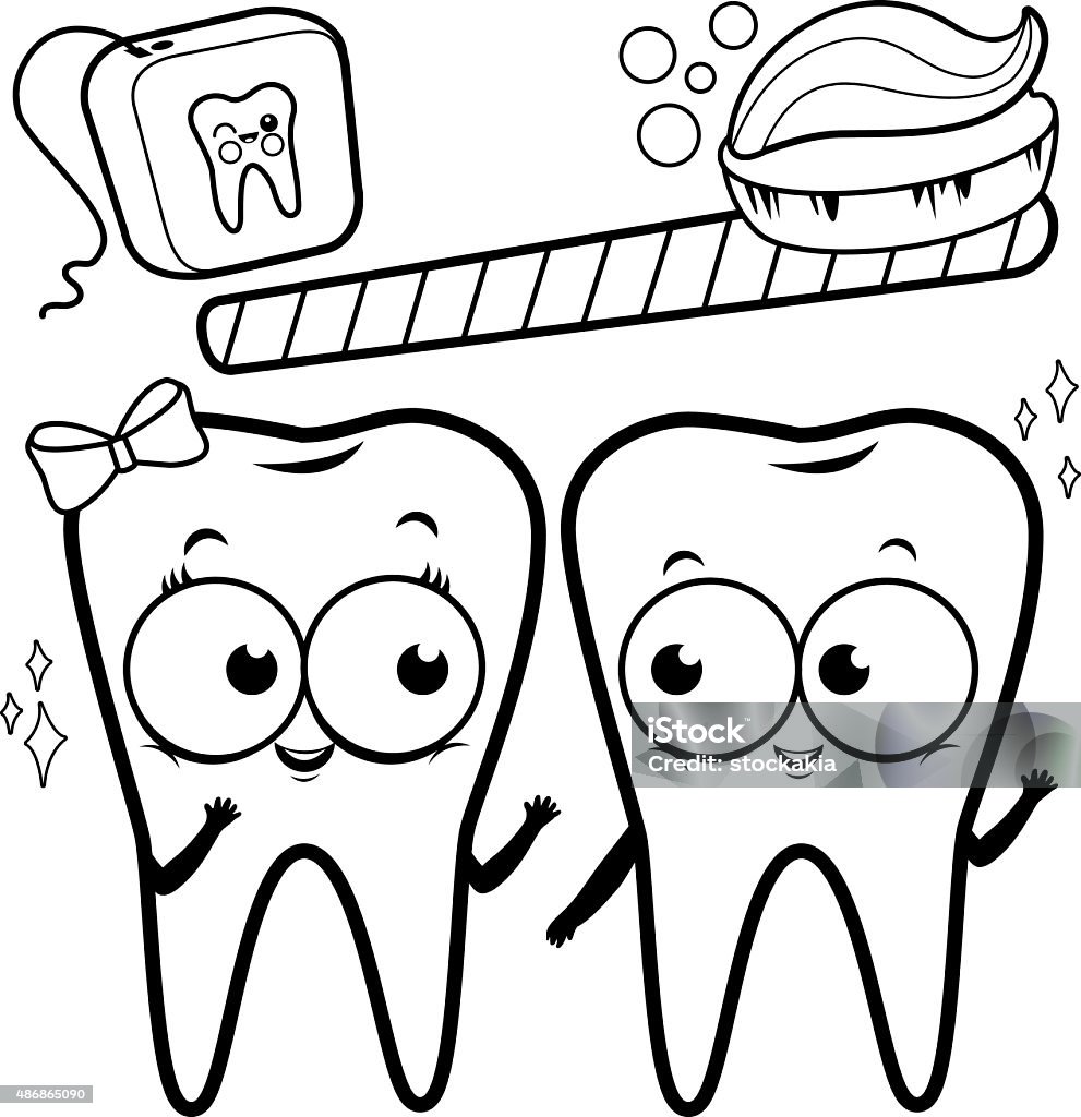 Coloring Page Cartoon Teeth With Toothbrush And Dental Floss Stock  Illustration - Download Image Now - iStock