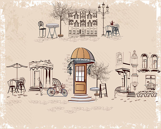 Series of backgrounds decorated with old town views and street cafes. Hand drawn Vector Illustration.