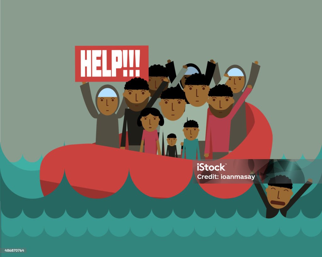 Syrian refugees Syrian refugees on boat.  Civil war in Syria 2015 stock vector