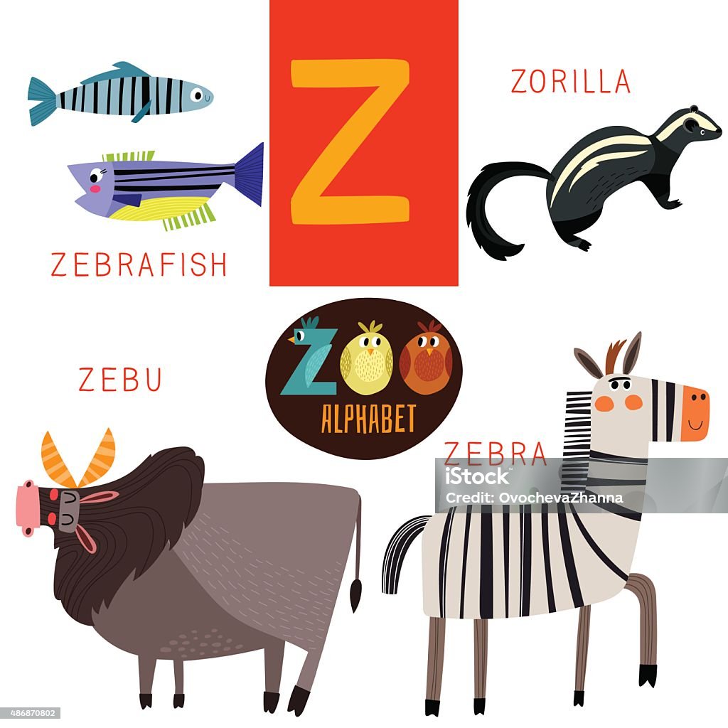 Cute zoo alphabet in vector.Z letter. Funny cartoon animals Cute zoo alphabet in vector.Z letter. Funny cartoon animals:Zebrafish,zorilla,zebu,zebra. Alphabet design in a colorful style. 2015 stock vector