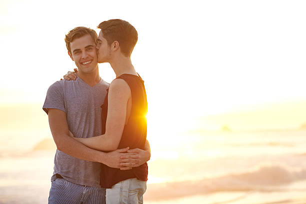 I've never been this happy! Shot of an affectionate young couple at the beachhttp://195.154.178.81/DATA/i_collage/pu/shoots/805559.jpg gay men kissing men silhouette stock pictures, royalty-free photos & images