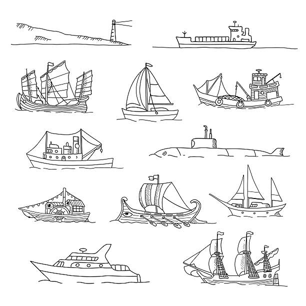 Set with boats of different ages. Doodles. Set with boats of different ages. Doodles. Isolated  on a white background industrial ship military ship shipping passenger ship stock illustrations