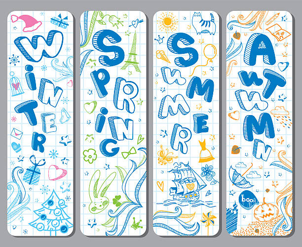 Winter, Spring, Summer, Autumn. Calendar greeting Four lovely vertical seasonal doodle banners with cute hand drawn text in vector for stickers, prints, bookmarks and different childish accessories. Winter, Spring, Summer, Autumn. Calendar greeting eiffel tower winter stock illustrations
