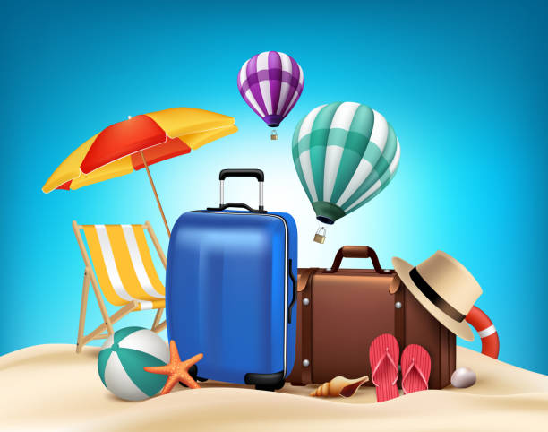 ilustrações de stock, clip art, desenhos animados e ícones de 3 d realista design de cartaz de férias de verão com sacos - slipper beach backgrounds sea