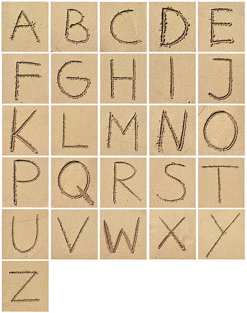 piasek alfabet - sand text alphabet beach zdjęcia i obrazy z banku zdjęć
