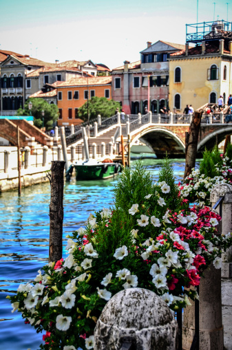 Flowers blooming on a railing overlooking a Bridge over canal in Venice with old Venetian buildings in the background.
