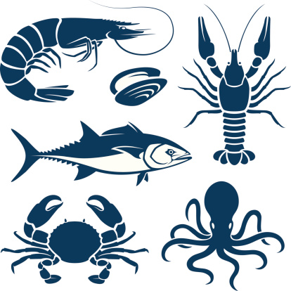 Set of blue seafood symbols