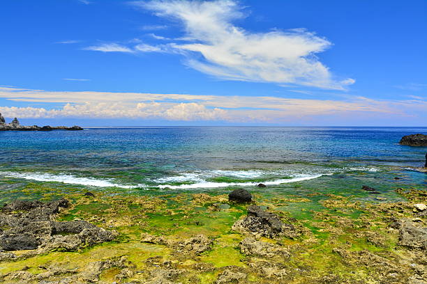 Green seaweeds grow at coastline,then seawater appeared green and blue color. White spoondrift and blue sky. White clouds floating at blue sky, sunlight and sunny weather. Travel location: Green Island,in Taiwan.