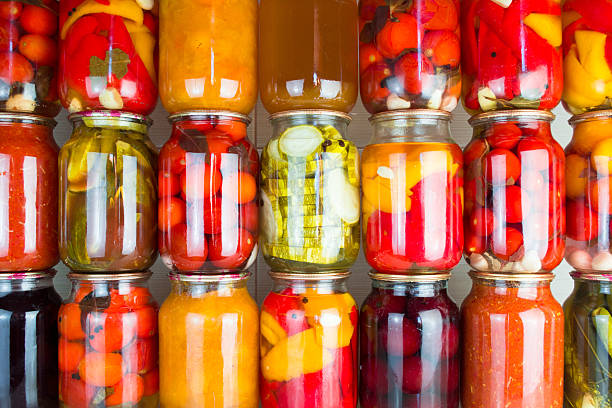 Preserved vegetables and food ingredients set in a row