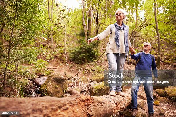 Senior Couple Walking Together In A Forest Stock Photo - Download Image Now - Balance, Senior Adult, Nature