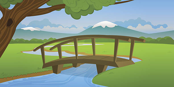 illustrazioni stock, clip art, cartoni animati e icone di tendenza di piccolo ponte di legno - mountain landscape mountain peak small