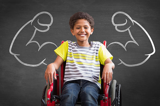 Composite image of cute disabled pupil Cute disabled pupil smiling at camera in hall against black background paraplegic stock pictures, royalty-free photos & images