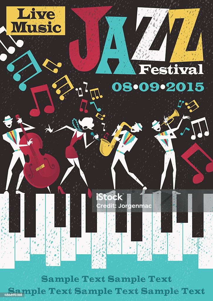 Retro Abstract Jazz Festival Poster Retro styled Jazz festival Poster featuring an Abstract style illustration of a vibrant Jazz band and super cool lead singer who is striking a stylish pose and playing a musical performance live on stage. Jazz Music stock vector