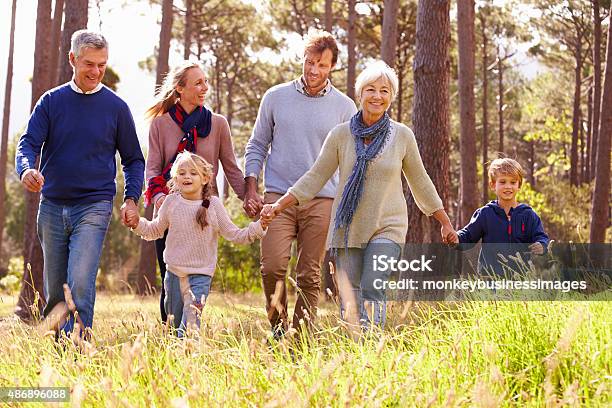 Glücklich Multigenerationenfamilie Gehen In Der Landschaft Stockfoto und mehr Bilder von Familie mit mehreren Generationen