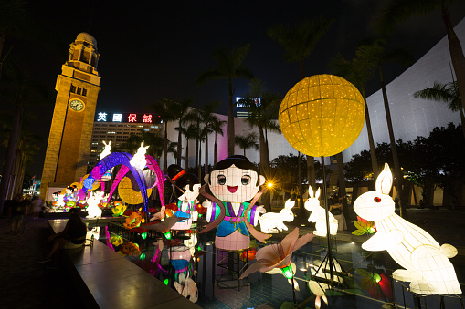 Hong Kong, Hong Kong SAR - September 11, 2015: Lanterns are displayed as part of Mid-Autumn Festival celebration at Hong Kong Cultural Centre Piazza, Tsim Sha Tsui, Kowloon, Hong Kong. 