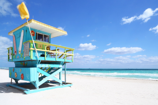 Lifeguard hut in a deserted beach. South Beach, Florida