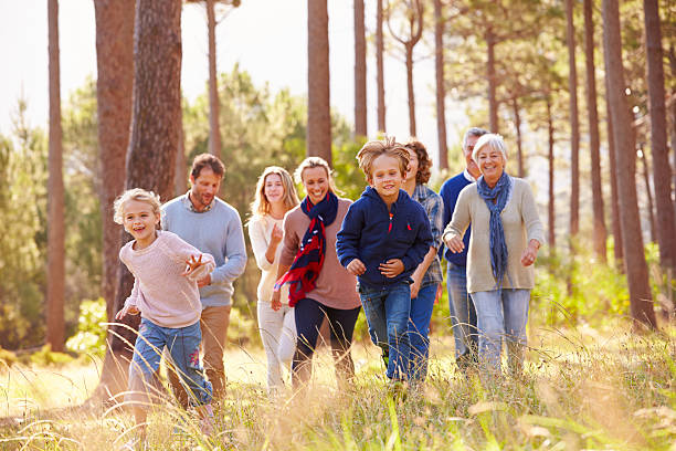 multi-generationen-familie gehen in der landschaft, kinder laufen - family grandmother multi generation family nature stock-fotos und bilder