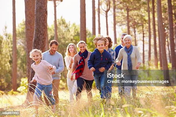 Multigenerationenfamilie Gehen In Der Landschaft Kinder Laufen Stockfoto und mehr Bilder von Familie mit mehreren Generationen