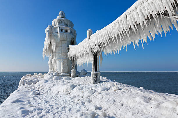 St. Joesph Lighthouse in Ice stock photo