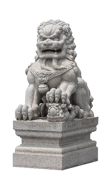 istock Stone lion sculpture Chinese style on white background isolate 486898351
