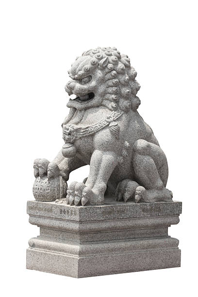 istock Stone lion sculpture Chinese style on white background isolate 486898353