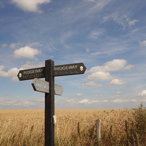 Ridgeway Path Sign Wooden sign at crossroads of Ridgeway Path and bridleway, with hay field and blue sky with clouds behind ridgeway stock pictures, royalty-free photos & images