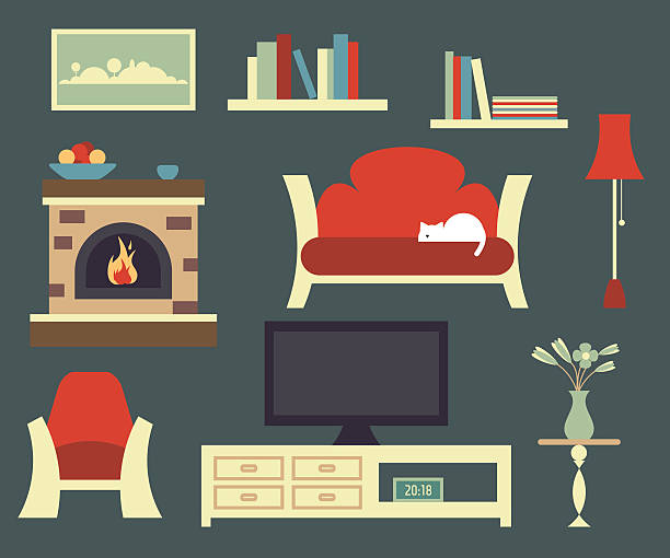 ilustrações de stock, clip art, desenhos animados e ícones de retro interior de sala de estar - cair no sofá