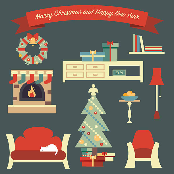 ilustrações de stock, clip art, desenhos animados e ícones de feliz natal ilustração com shelter sala de - cair no sofá