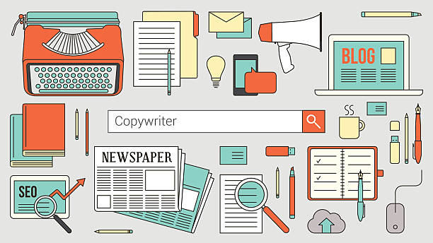 copywriter s pulpitu z paska wyszukiwania - typewriter writing newspaper author stock illustrations