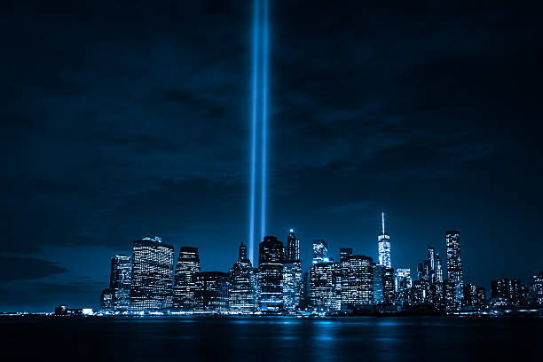 Tribute in Light 9/11 "Tribute in Light" memorial lit in September, 2015. 911 first responders stock pictures, royalty-free photos & images