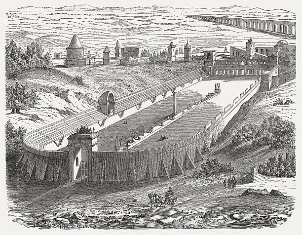 Circus of Maxentius in ancient Rome, published in 1878 Visual reconstruction of the Circus of Maxentius (known as Circus of Caracalla) in ancient Rome. Erected by emperor Maxentius on the Via Appia between AD 306 and 312. The Circus itself is the best preserved of all Roman circuses. Wood engraving, published in 1878. chariot racing stock illustrations