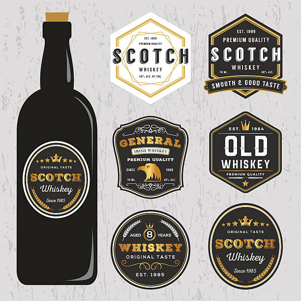 illustrazioni stock, clip art, cartoni animati e icone di tendenza di premium vintage design modello di etichetta di whiskey marchi - swirl beer