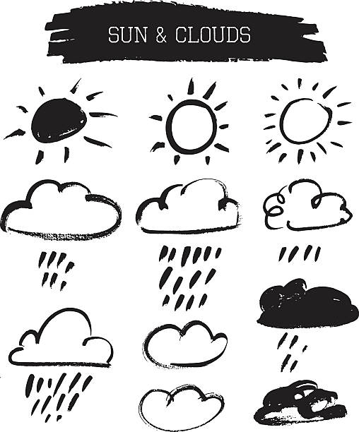 doodle гранж, солнце и облака - cloud cloudscape symbol ink stock illustrations