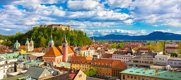 Panorama of Ljubljana, Slovenia, Europe. Panorama of the Slovenian capital Ljubljana at sunset. ljubljana castle stock pictures, royalty-free photos & images