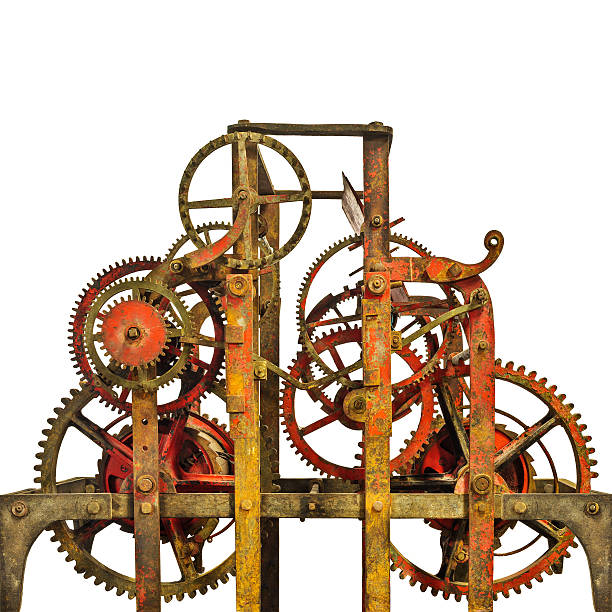 istock Large ancient church clock mechanism isolated on white 486913226