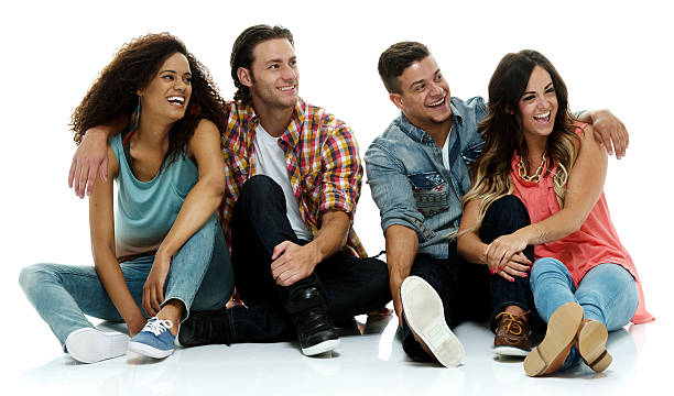 istock Four friends on floor and looking away 486914088