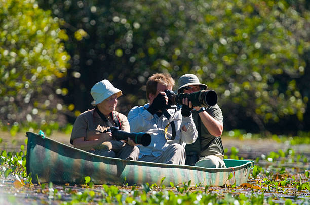 Photographers in canoe in Pantanal region, Brazil Pantanal, Brazil - July 20, 2010. Photographers in canoe on river in Pantanal wetlands eco tourism stock pictures, royalty-free photos & images