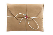 leather mail envelope with wax seal isolated on white