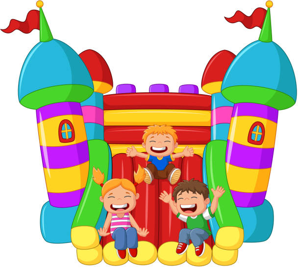 kreskówka małe dziecko gra na nadmuchiwane slajdów balonu - inflatable slide sliding child stock illustrations