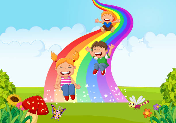 Cartoon Little Kids Playing Slide Rainbow In The Jungle Stock Illustration  - Download Image Now - iStock