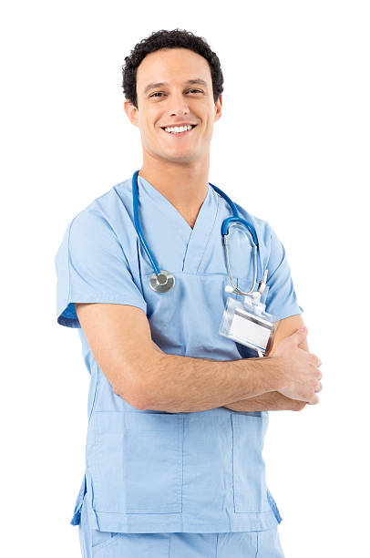 Happy Smiling Male Nurse Portrait Of Confident Male Doctor Looking At Camera Isolated On White Background photography healthcare and medicine studio shot vertical stock pictures, royalty-free photos & images