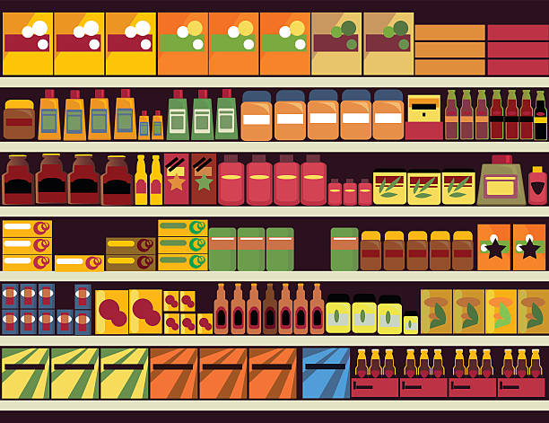 Grocery store background Grocery store shelves filled with canned and boxed goods, ESP 8, no transparencies supermarket aisles vector stock illustrations